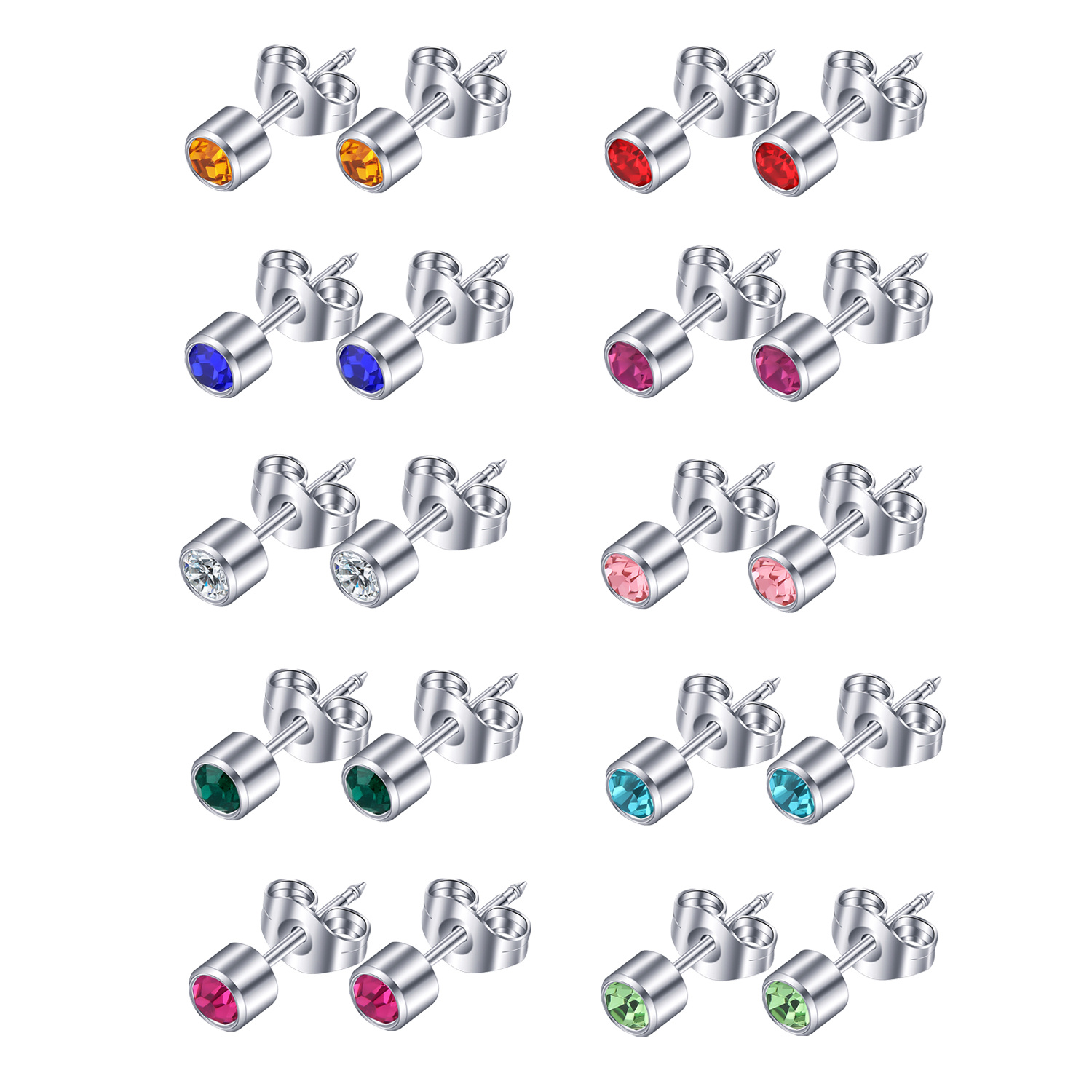 E-shop 10 Paar 4mm Chirurgische Edelstahl Ohrstecker, Klassischer Stil mit Strassstein-Einlage für den Täglichen Gebrauch