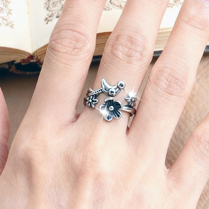 3D Bird Flower Ring, Retro Individual Design for Women