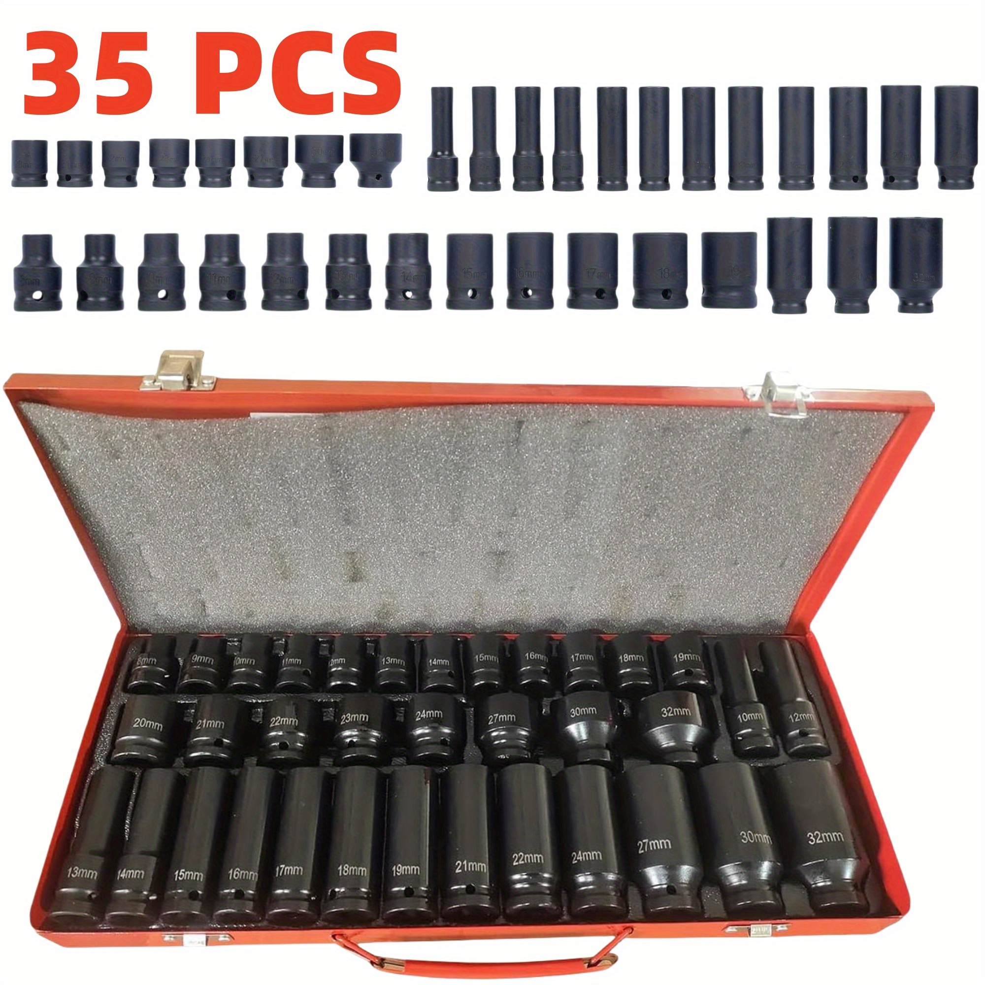 TEMU 35pcs Of 1/ 2 Inch Professional Pneumatic Sleeve Set - A Car Repair Kit, Including Long And Short Sleeves, , Hexagonal Extension Rods, And