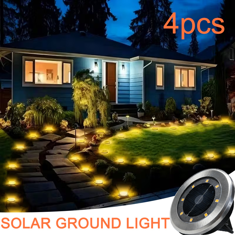 E-shop Set mit 4 solarbetriebenen Untergrundleuchten aus Edelstahl, je 2,76 Zoll, mit 8 LEDs. Ideal für die Außenbeleuchtung von Treppen, zur