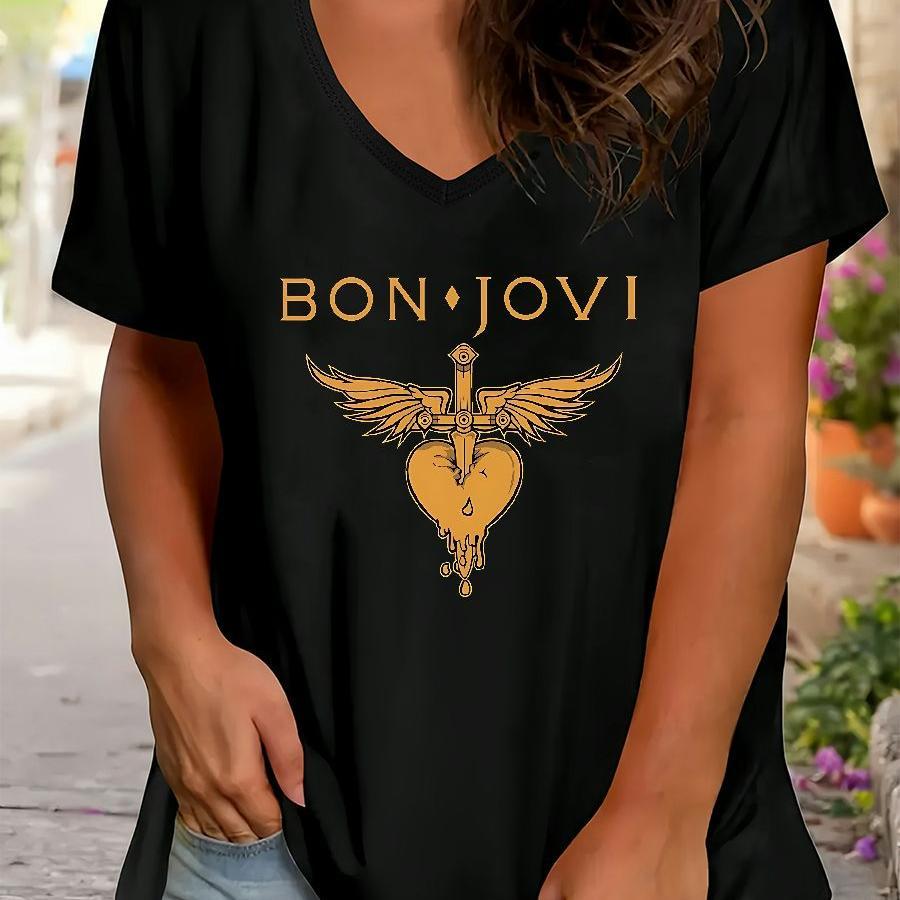 

T-shirt décontracté à col en V pour femme avec graphisme , tissu tricoté en polyester, manches courtes, légèrement extensible, coupe , haut printemps/été