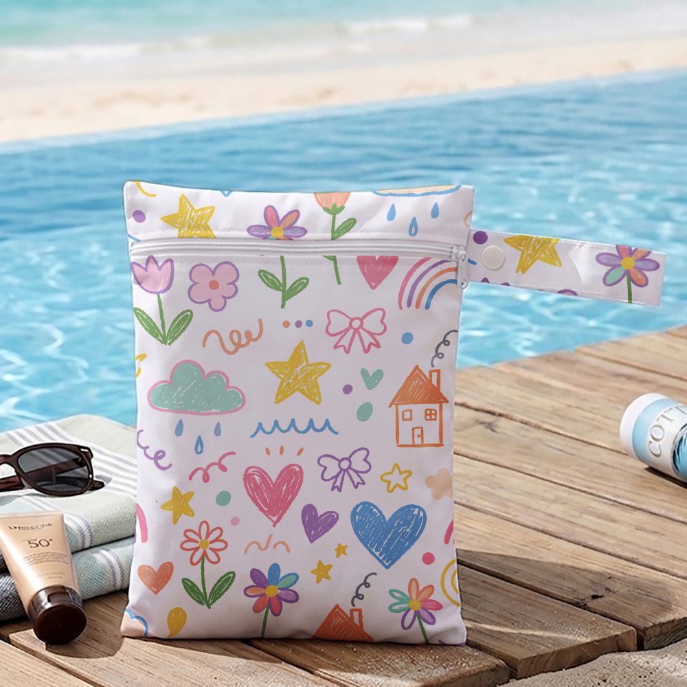 TEMU 1pc Colored Crayon Doodle Style Dry And Wet Bag, Reusable Zippered Swimsuit Storage Bag, Flower And Star Pattern Beach And Pool Storage Bag,