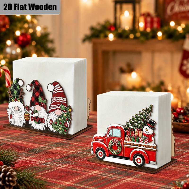 TEMU 2d Flat 2pcs Wooden Christmas Napkin Holder Set, 3 Gnomes And Red Vintage Truck Snowman , Farmhouse Kitchen Tabletop Tissue Rack, Gift