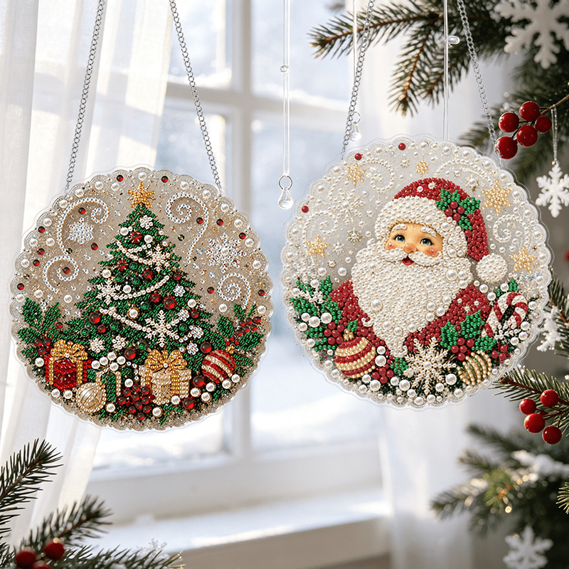 TEMU 2d Flat, 2pcs Christmas Pearl Diamond Painting Suncatcher Kit, 2d Flat Christmas Tree & Santa Claus Round Lace-edge Acrylic Hanging Ornaments