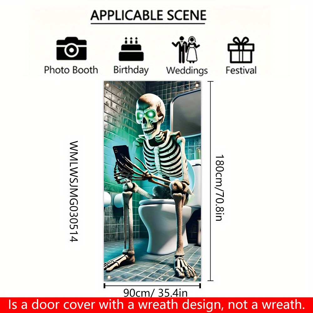 Image of 2d Door Banner, Halloween Skeleton Toilet Humor Door Cover, " X 35.4" Polyester Decoration Flag, Multipurpose Indoor/outdoor Festive Decor, No Electricity Needed, Halloween Decorations