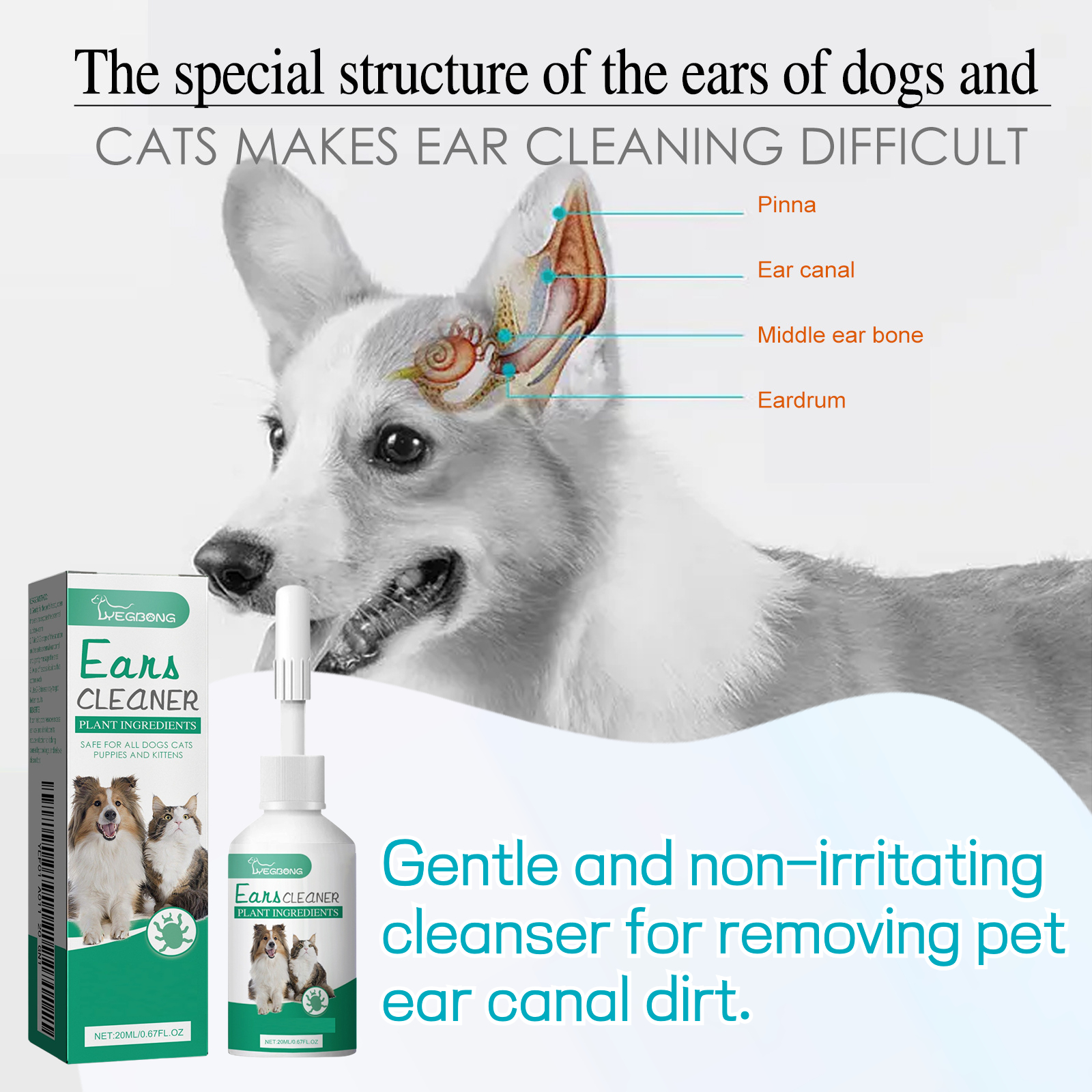 Ear Cleaning Solution for Cats and Dogs - Gentle Ear Wax Removal with Plant Extract Formula, Keeps Ear Canals Clean and , Long-Lasting Protection, Pet Ear Cleaning Care Kit, 4pcs Set