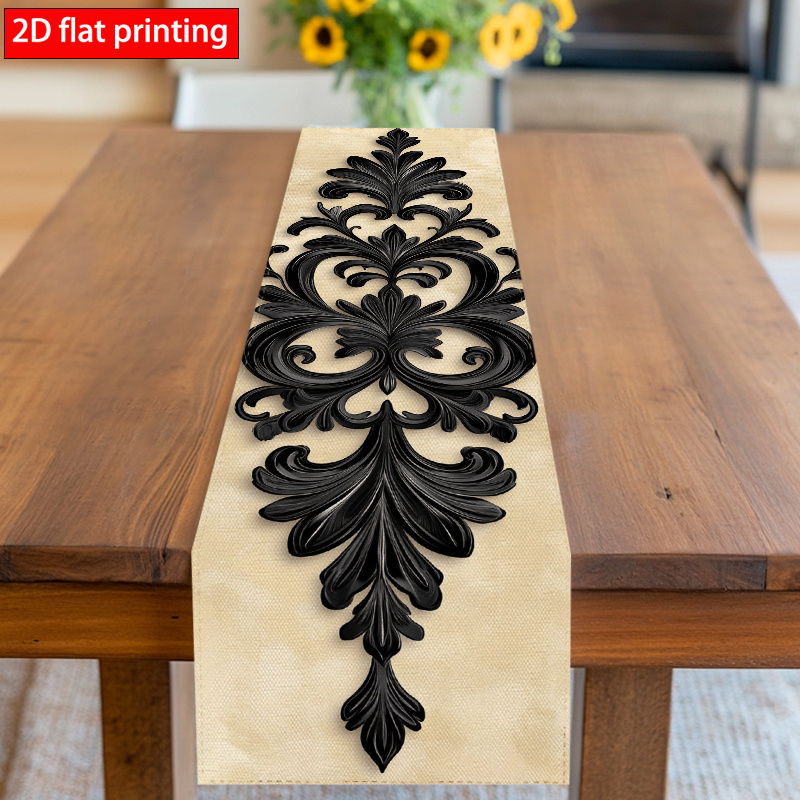 TEMU 1pc Elegant Scroll Table Runner With Black Floral Pattern - Classic Suitable For New Year's Day, Parties, Picnic, Kitchen & Dining Table Decor,