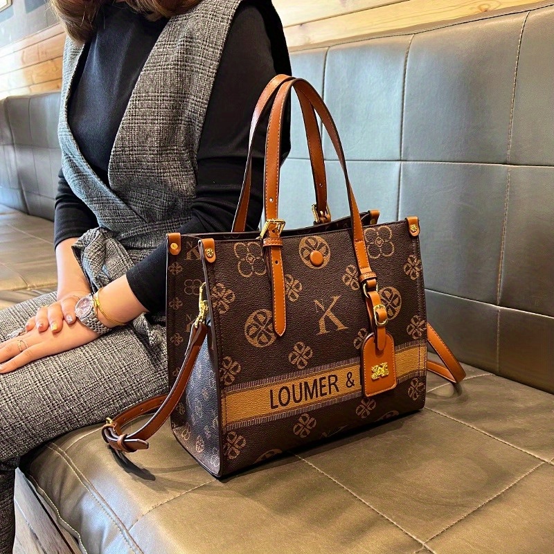 TEMU Wo Elegant Tote Handbag - Convertible Handbag With Zipper Closure, Brown/beige/red/ - Detachable Strap & Wrist Strap - For Work, Formal Events,