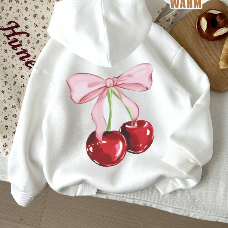 

Women's Casual Polyester Hoodie With Cherry Bow , Drawstring Hooded Sweatshirt, Knit Fabric Pullover, 100% Polyester, 250g/m² - Cozy & Stylish