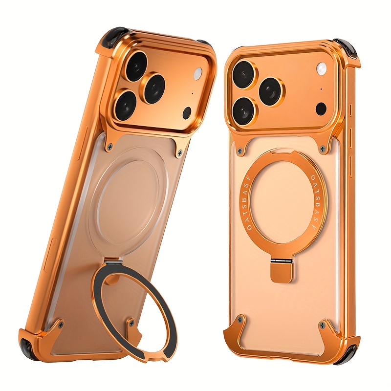 phone case casual transparent phone case for iphone 17 pro and 17 pro max with 360 rotate aluminum alloy stand ultra thin frameless design with anti drop protection   in   golden and orange Product details 5