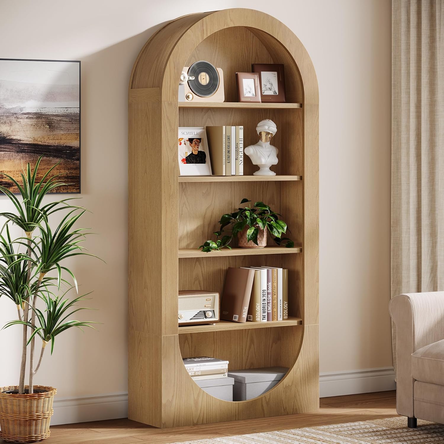 5-tier Tall Arched Bookshelf - Wood Free-standing Bookcase With Open Shelves, Tall Display Cabinet Suitable For Living Room, Home Office, Bedroom -