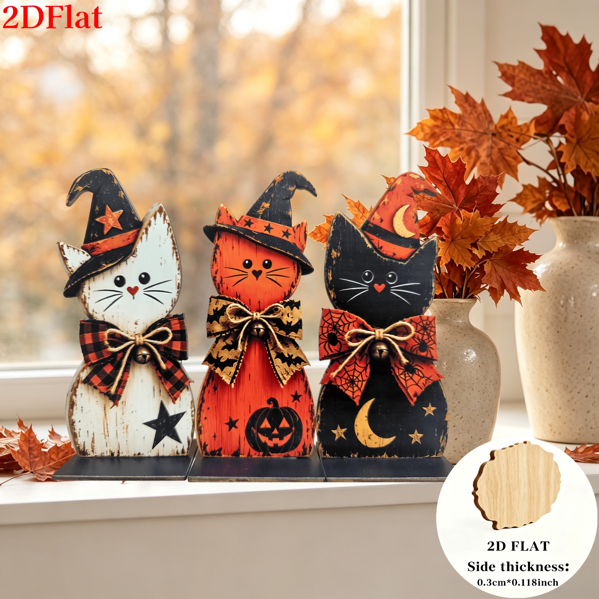 TEMU 2d Flat, 3pcs Vintage Cat Decoration Set, Each With A , Featuring 's Pointed Hat, Bows, And Bat-and-spiderweb Elements, Exuding A Rich Halloween