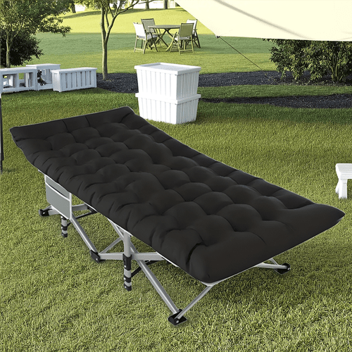 1pc portable outdoor folding bed with mattress ergonomic split back lounge chair for patio manual adjustable foldable design lightweight sturdy frame patio furniture tufted surface construction sturdy metal legs