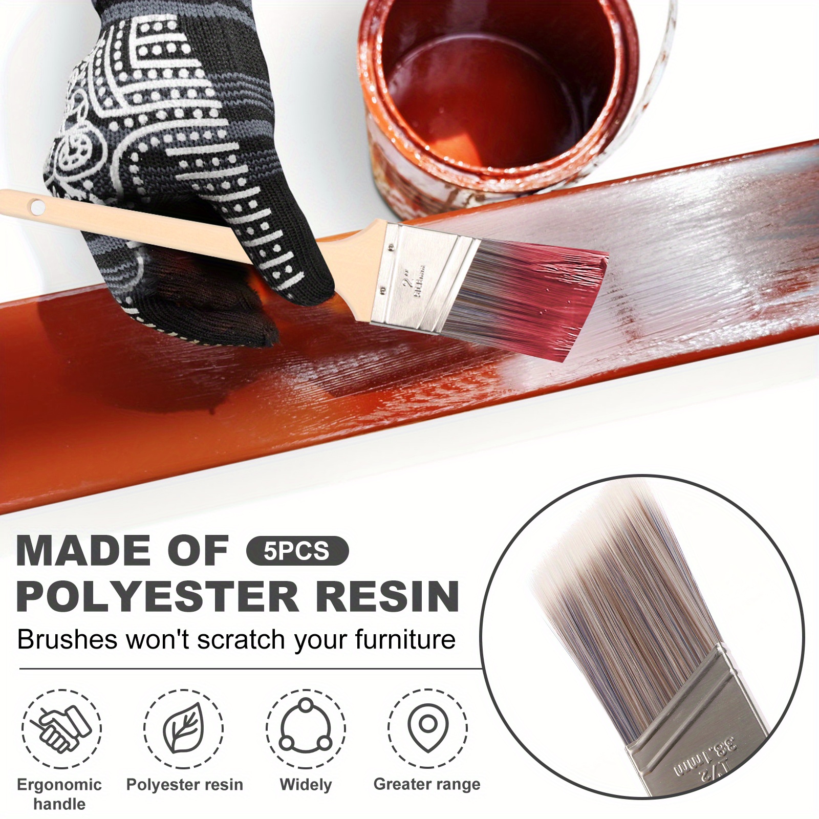 5pcs Professional Angled Sash Brush Set - Thin Soft Bristles, Wood Handle & Stainless Steel Ferrule for Doors, Trim, Furniture & Enamel Paint (3 Sizes)