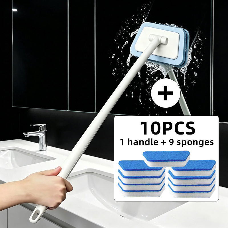 TEMU 10 pièces (9 têtes d'éponge de rechange + 1 manche), brosse de nettoyage pour salle de bain, tête de brosse amovible et remplaçable, brosse de