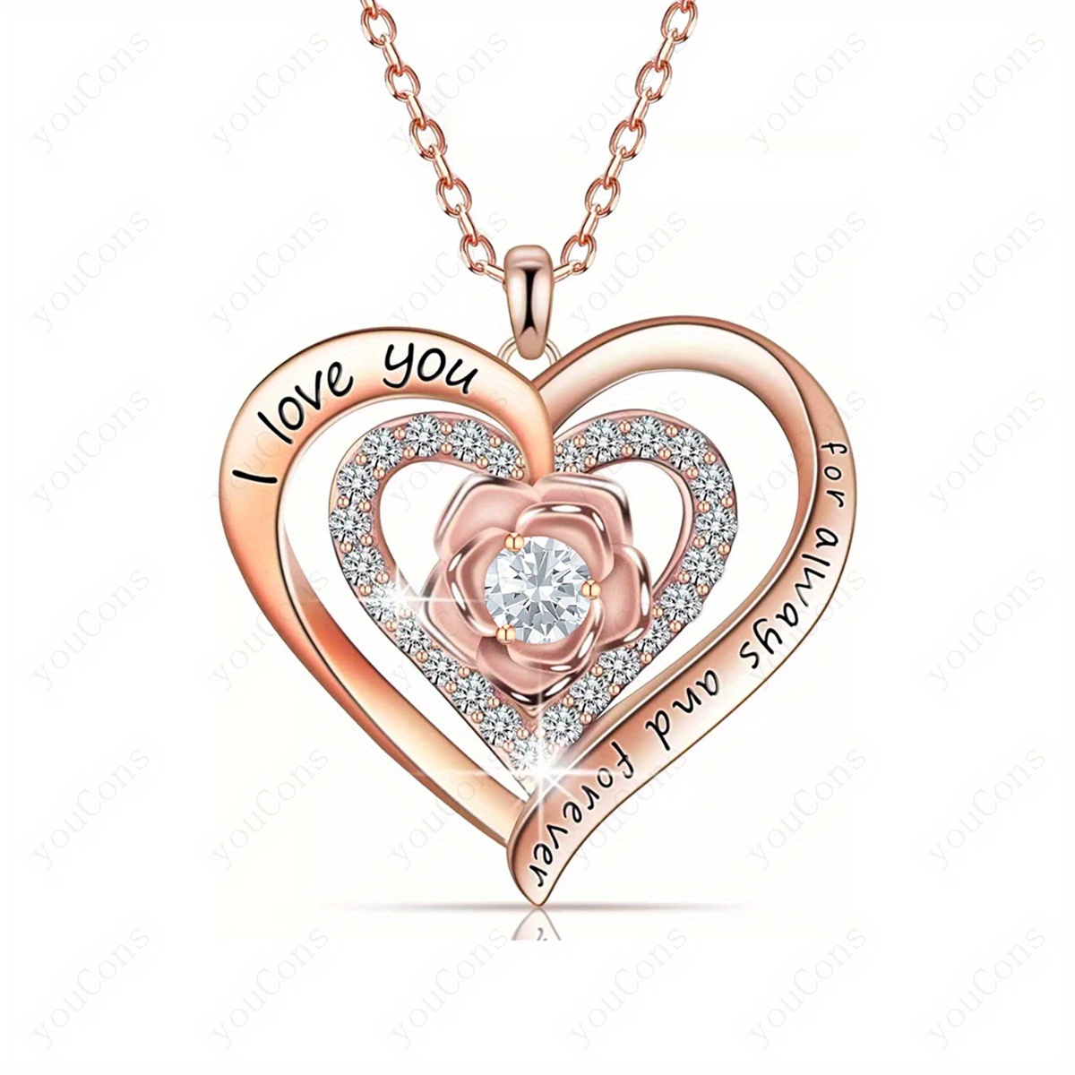 TEMU Luxury Synthetic Synthetic Zirconia Heart Necklace With Artistic Rose Flower Embossing, 8-color Stone, 2025 New Luxury Women's Jewelry, Gift For