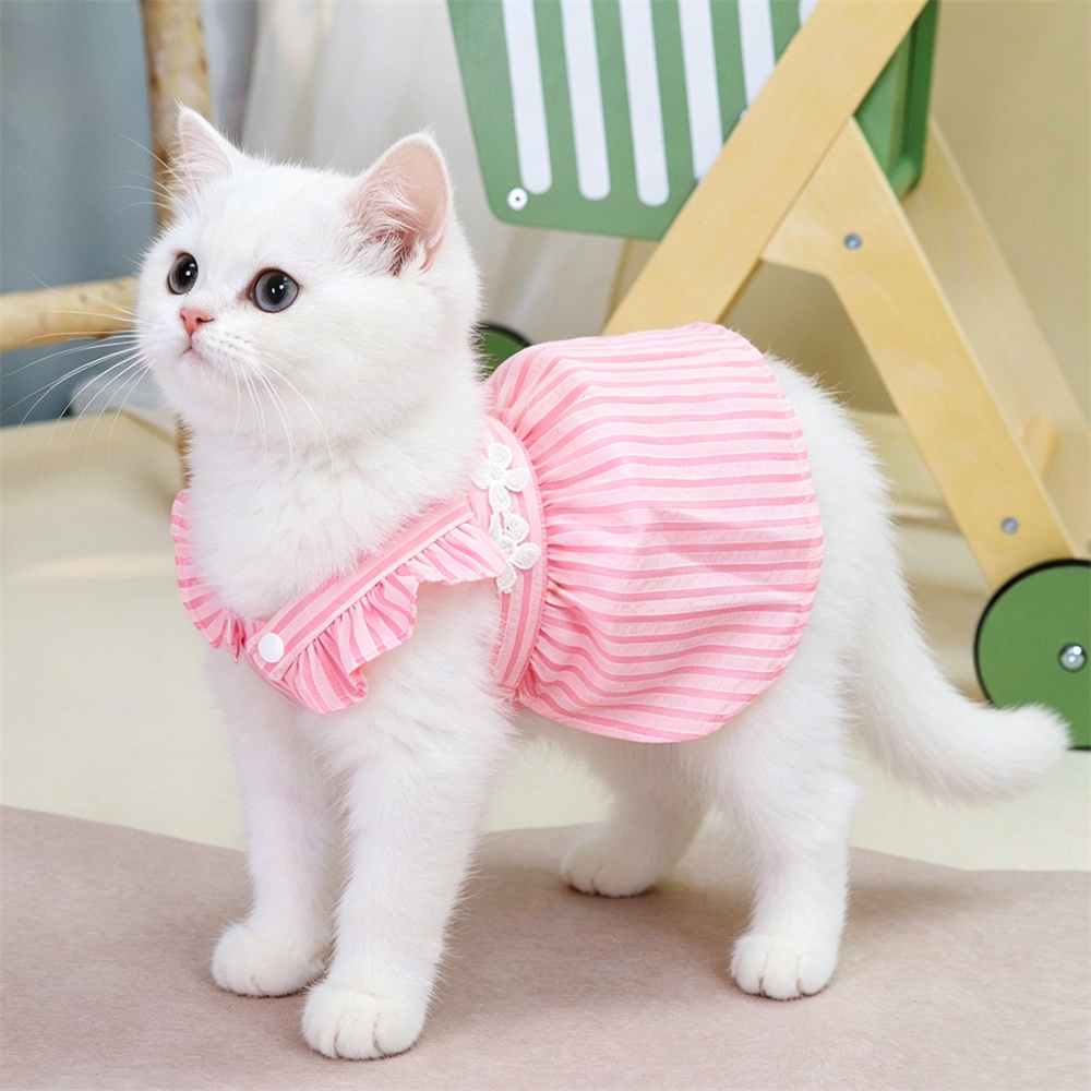 TEMU 1pc Striped & Floral Ruffle Suspender Skirt Dress For Small - Breathable Sleeveless Outfit With Bodice, Machine Washable Summer Pet Clothes