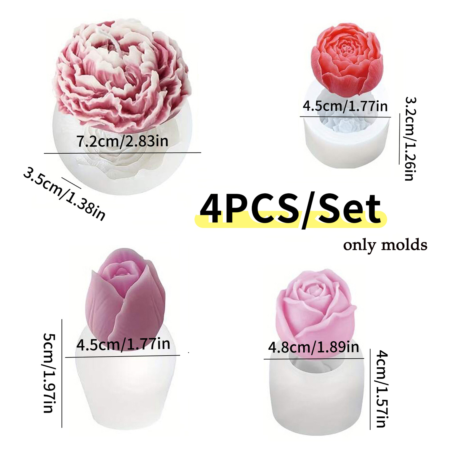 E-shop 4-teiliges Blumenstrauß-Silikonformen-Set – Pfingstrose, Rose, & Rosenknospen-Designs für DIY-Kerzenherstellung, Resin-Kunsthandwerk &