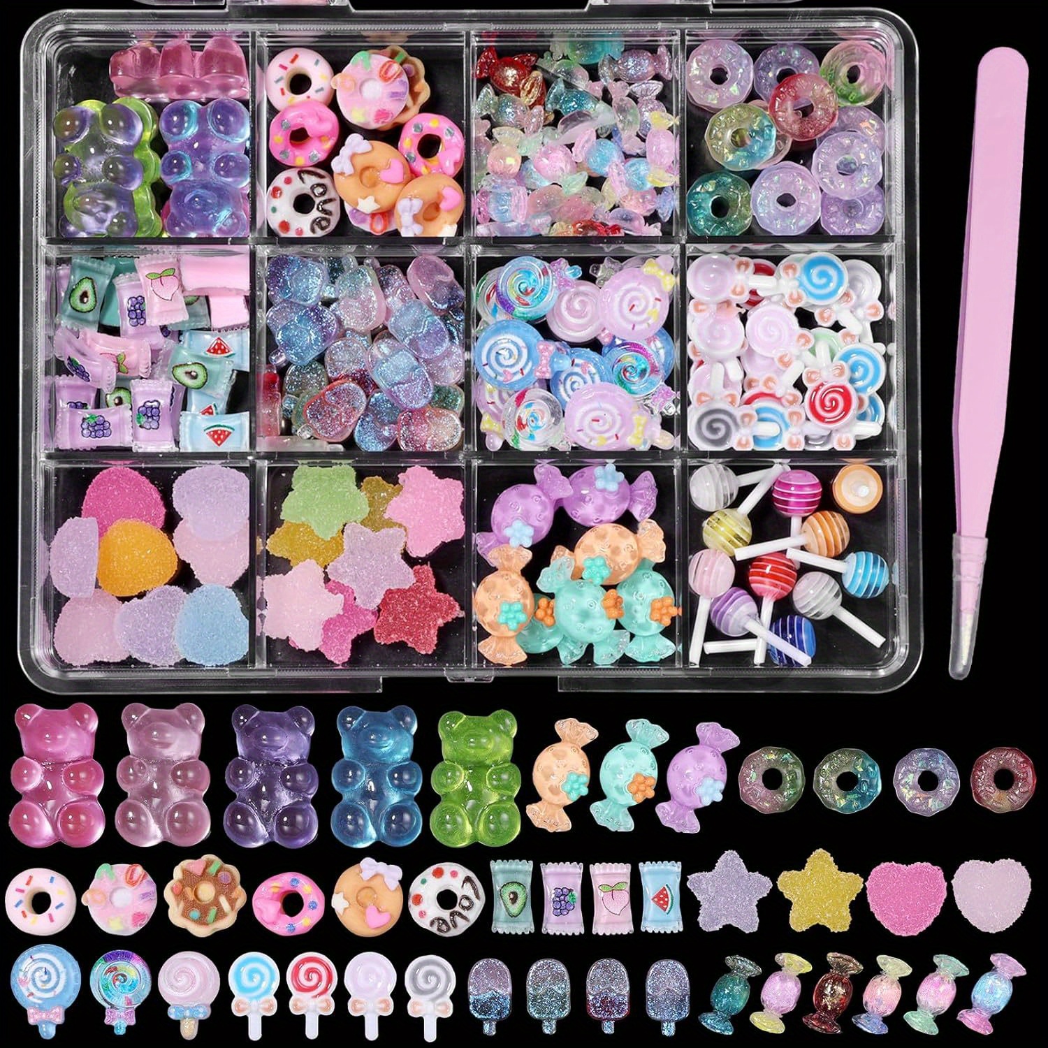 TEMU 12 Grids Cute Nail Charms Set, Kawaii 3d Resin Nail Decorations With Gummy Bear, Donut, Lollipop, Wrapper Candy, Heart, Transparent Sweet