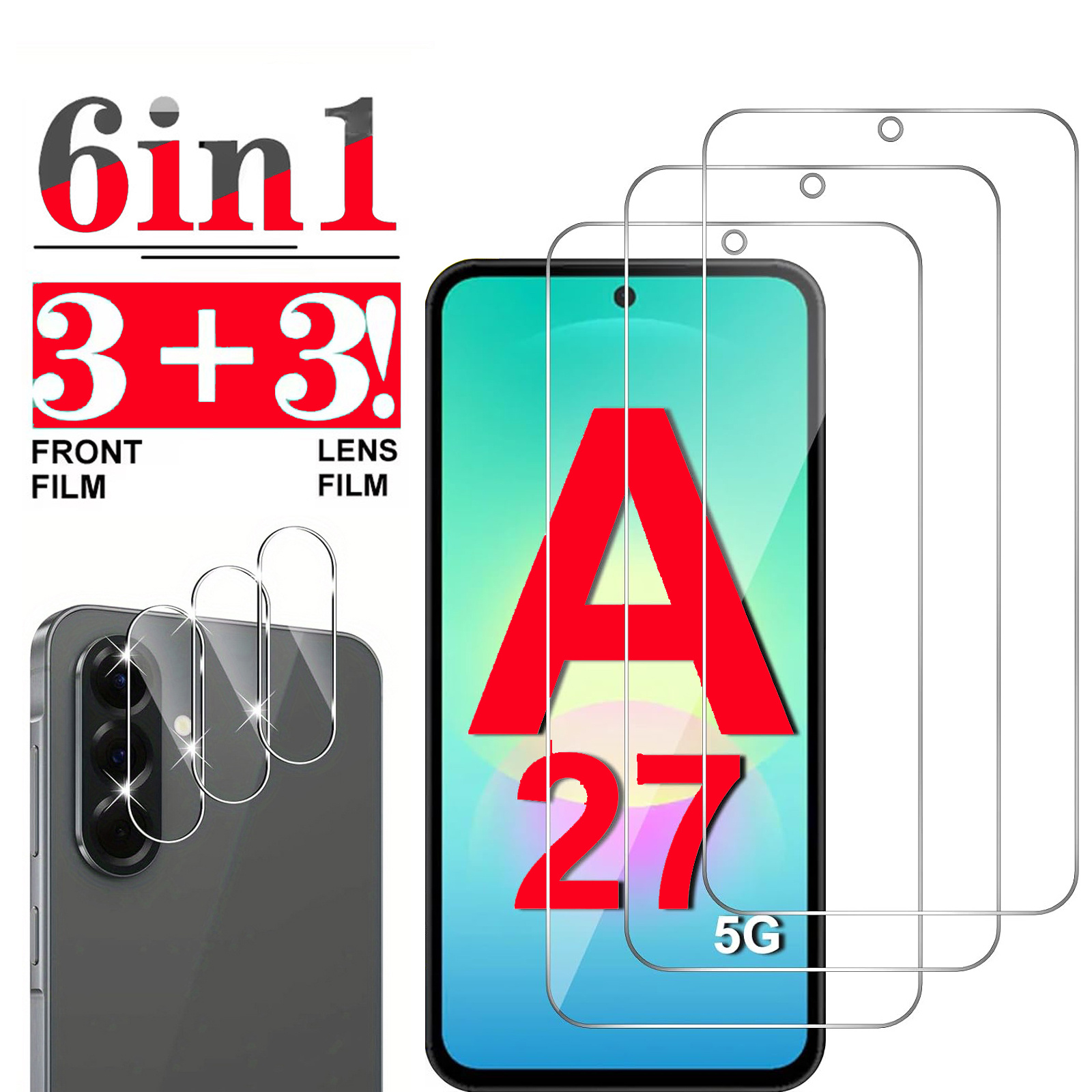 TEMU Protection d'écran en verre trempé 6-en-1 3+3 pour objectif d'appareil photo, compatible avec Samsung Galaxy A27 4G 5G, film de protection