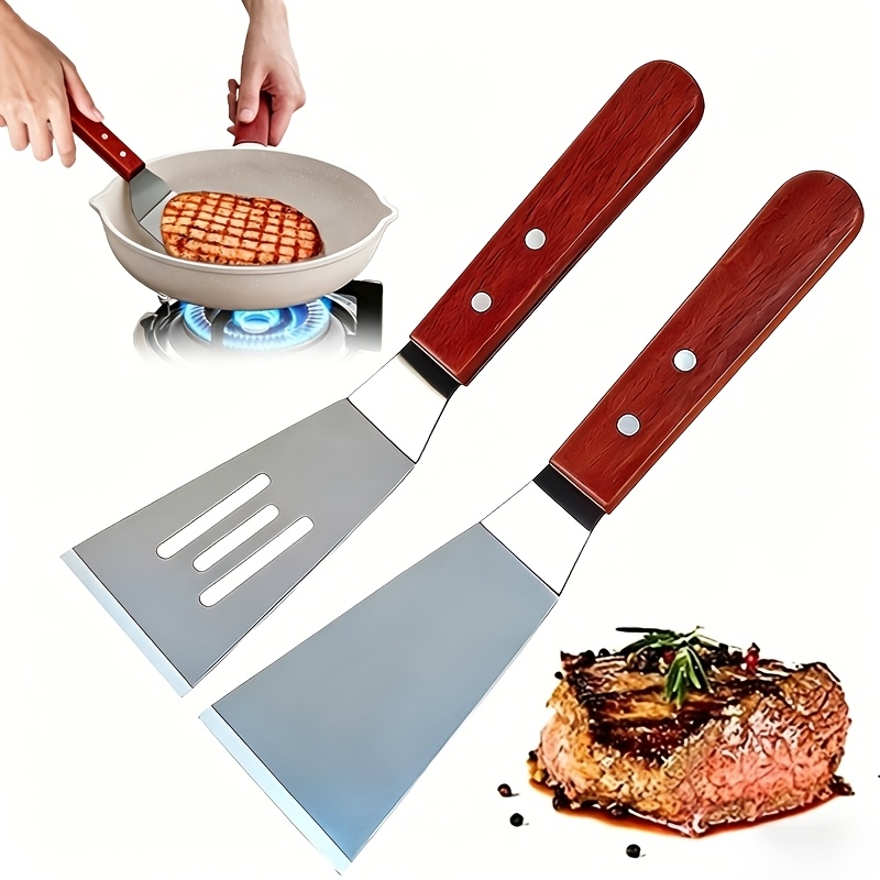 TEMU 2pcs Stainless Steel Spatula With Wooden Handle, Heavy-duty Bbq Grill Tools, Cooking Utensils For Grilling, Flipping , Pizza& Fish, Kitchen