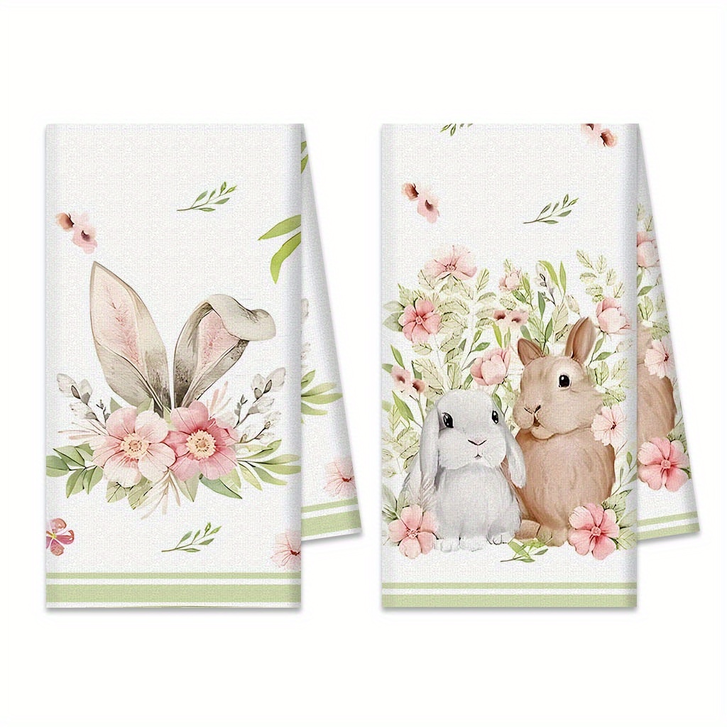 

2pcs Set, Easter Bunny & Floral Lunch Towels, Contemporary Polyester Kitchen & Bathroom Towels, 18x26 Inches, Machine Washable, Character Themed, Ideal For Day & Housewarming Gifts