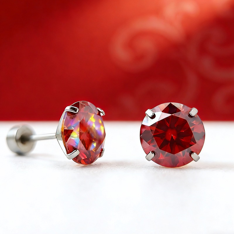 Women's Red Round Moissanite Four-Claw Stud Earrings