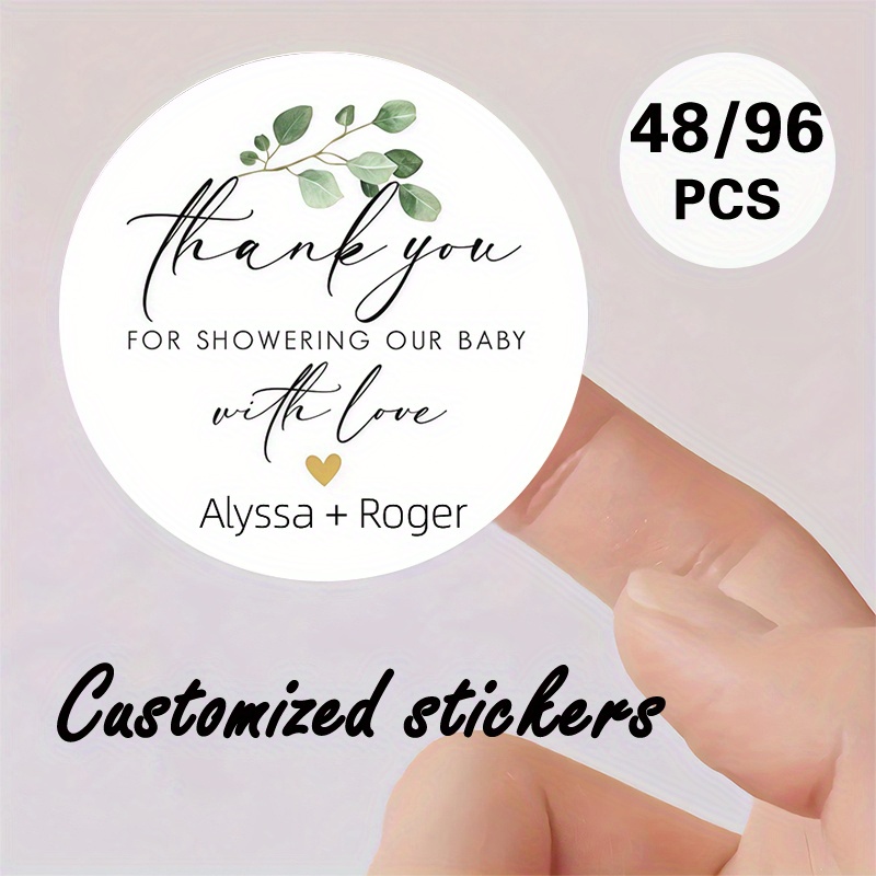 TEMU Custom 48/96pcs Baby Shower Round Stickers, Personalizable With Name, Date, Etc. Eucalyptus & Script “thank You” Design – Thank-you Notes, Favor