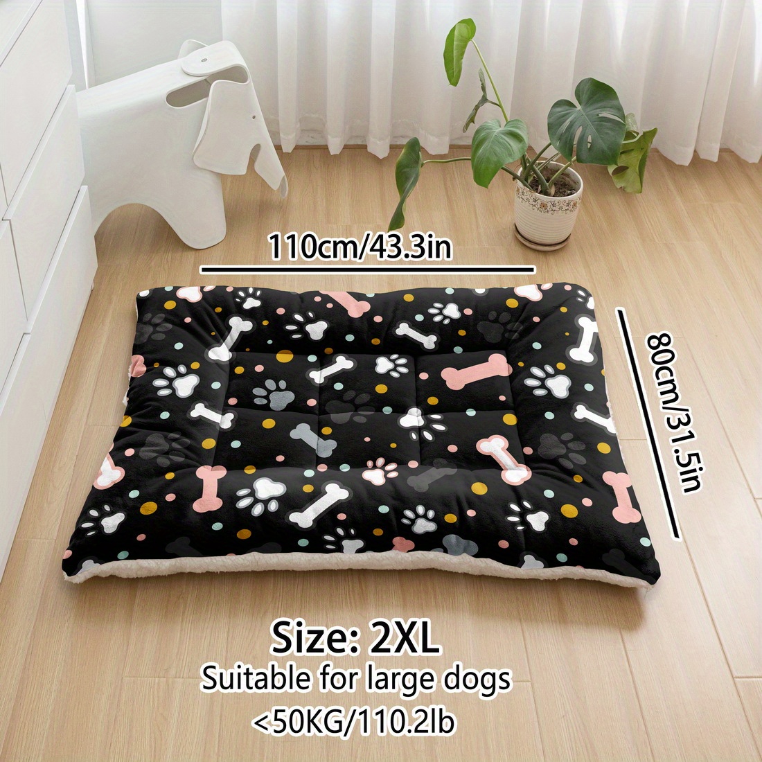 TEMU Oversized Plush Dog Bed Sofa, Cartoon Dog Paw Bone Print Printing Dog Crate Pad, Machine Washable Dog Bed, Kennel Pad Mat, Suitable For Small