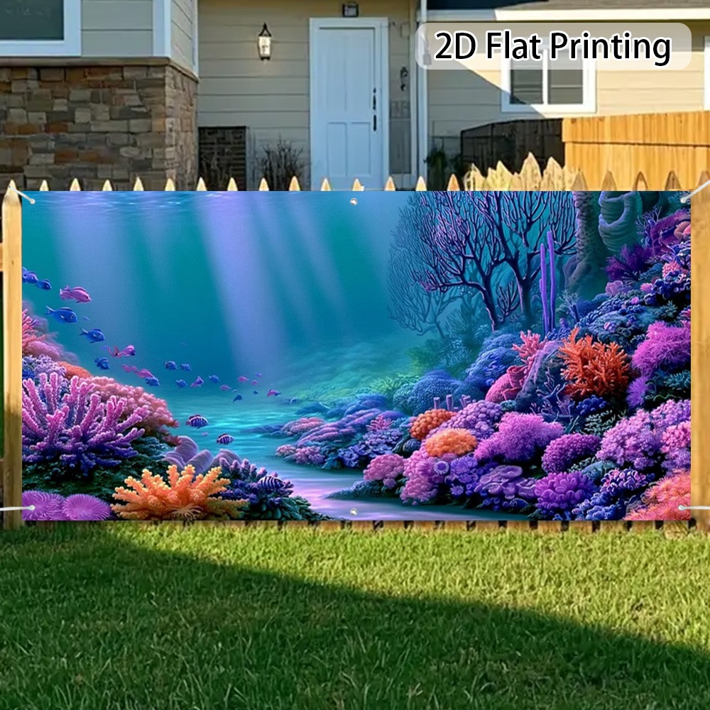 (2D Plano) 1pc Banner Colorido de Escena de Coral Submarina para Puerta de Garaje, Valla Decorativa, Fácil de Instalar, Adecuado para Balcón, Patio, Valla y Decoración de Pared, Adorno para Puerta de Garaje, Equipado con Cuerda de Fijación, Decoración para Fiesta de Navidad
