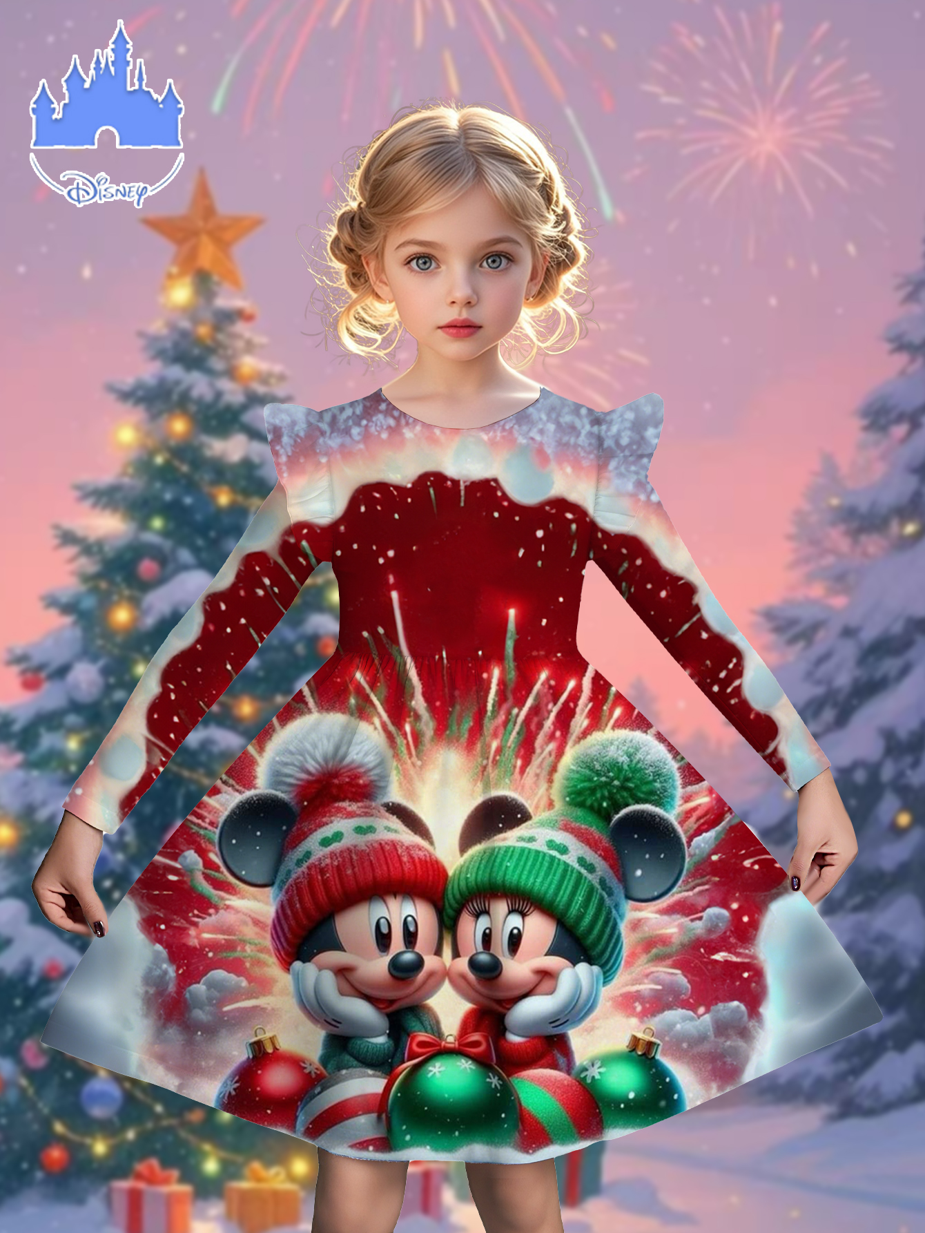 Meisjes Mickey & Minnie Mouse Kerstjurk met Ruches - Lange Mouwen Feestjurk, Iconische Oren & Sneeuwvlokprint, Wasmachinebestendig