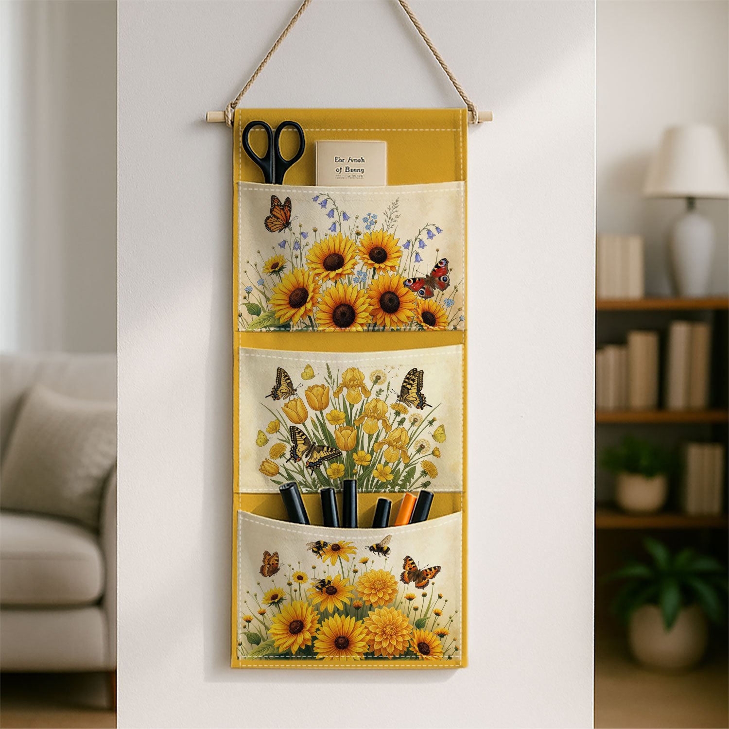 TEMU 2d Printed 1pc Rustic Botanical Wall-mounted Storage Bag With Sunflower Pattern- Multi-tier Hanging Organizer Suitable Living Room, Bedroom,