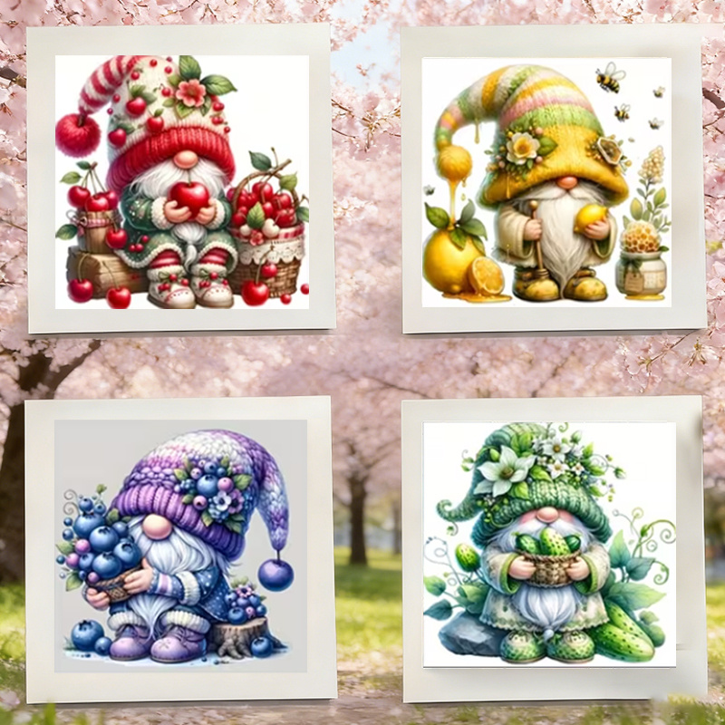 TEMU New Arrival! 4pcs Frameless Diamond Painting Set - 20x20cm Diy Round Acrylic Diamonds Fruit Gnome Diamond Painting, 4 Styles With Delicate