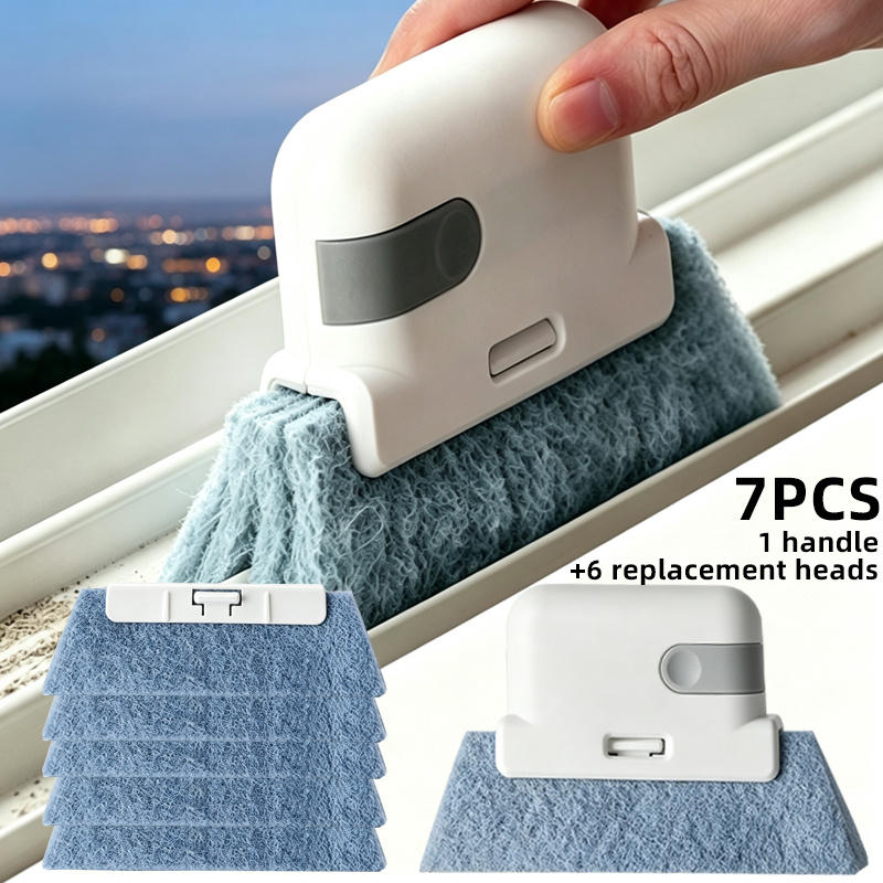 TEMU 7pcs, 1pc Handle And 6pcs Brush Heads, Universal Door And Window Track Cleaning Brush, Easy To Clean , Cleaning Supplies, Cleaning Tools