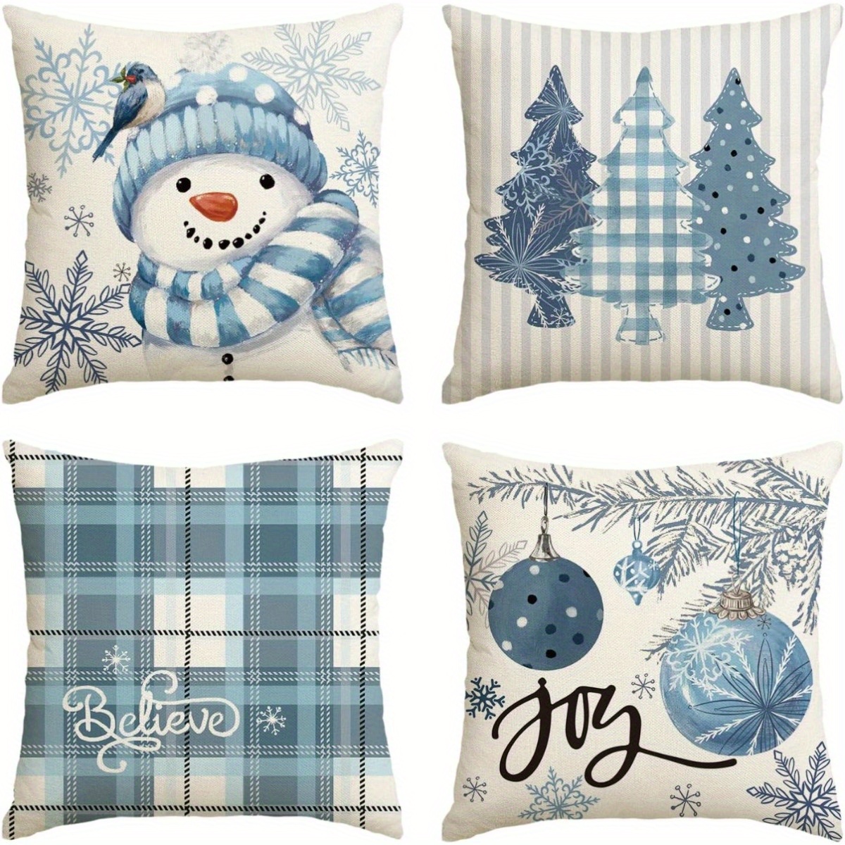 

Winter Snowman Joy Christmas Throw Pillow Covers, 18 X 18 Inch Tree Decoration For Sofa Couch Set Of 4