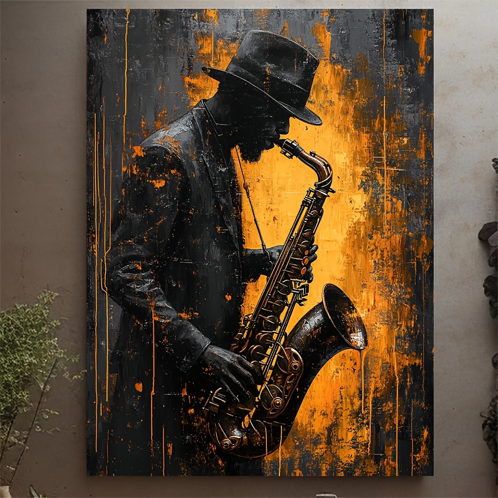 TEMU 2d Flat, 1pc Modern Abstract Saxophone Wall Art - Wrapped Canvas With Wooden Frame, Saxophonist In Black Suit & Hat Vibrant Orange/black