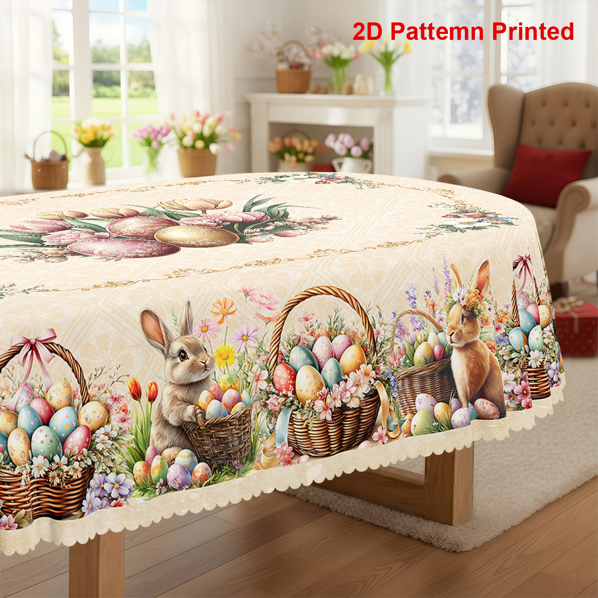 TEMU 1pc Easter Themed Party Tablecloth | Spring Summer Vintage Rabbit Colored Eggs Tulip Floral Printed Design, Polyester, Embossed Edge, Suitable