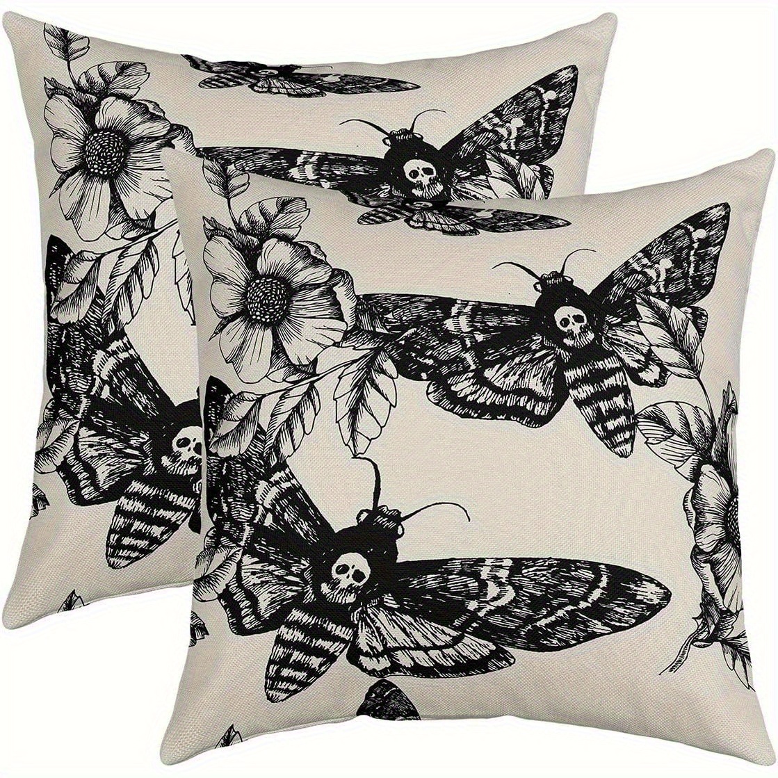 Image of 2-pack Dark Artistic Moth And Flower Pillowcases! On A Beige Background, Black-lined Moths And Flowers , With A , A Mysterious Atmosphere To Your Home