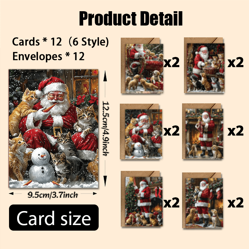 TEMU Upgraded Version With Thickened Premium Cardstock, 12pcs Christmas Greeting Cards With 12pcs Envelopes, Christmas, Santa Claus, Cats And Dogs,