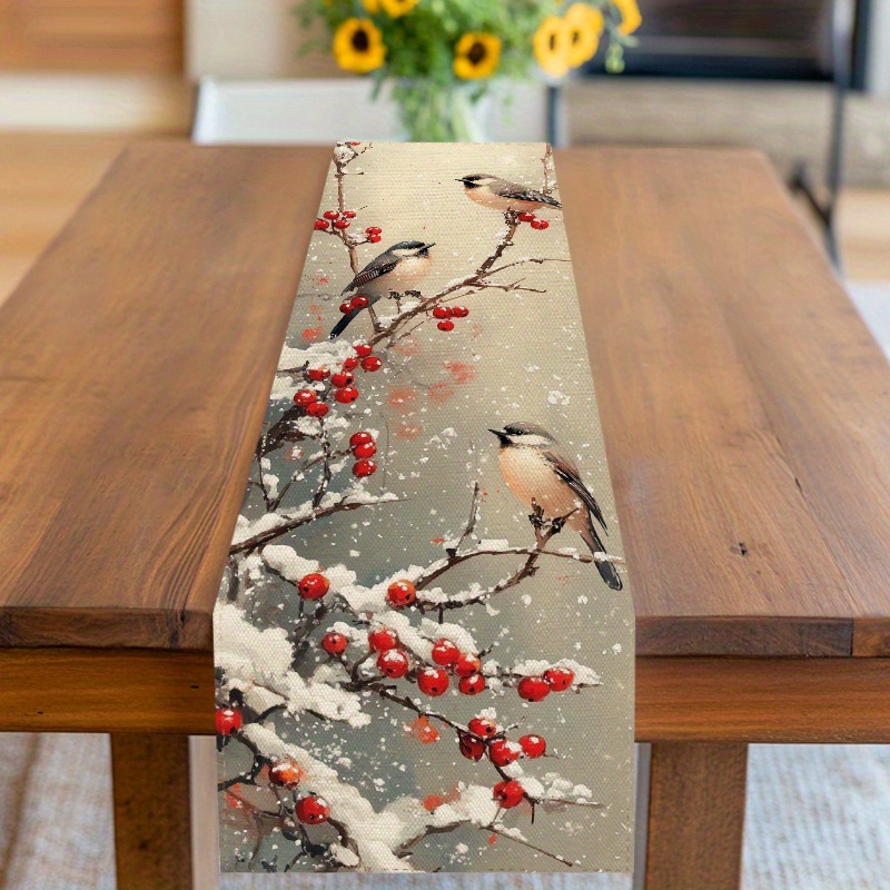 TEMU 1pc Festive Winter Table Runner - Snow-covered Branches With Red Berries & Chirping Birds, Polyester Design For Home, Kitchen, Restaurant, And