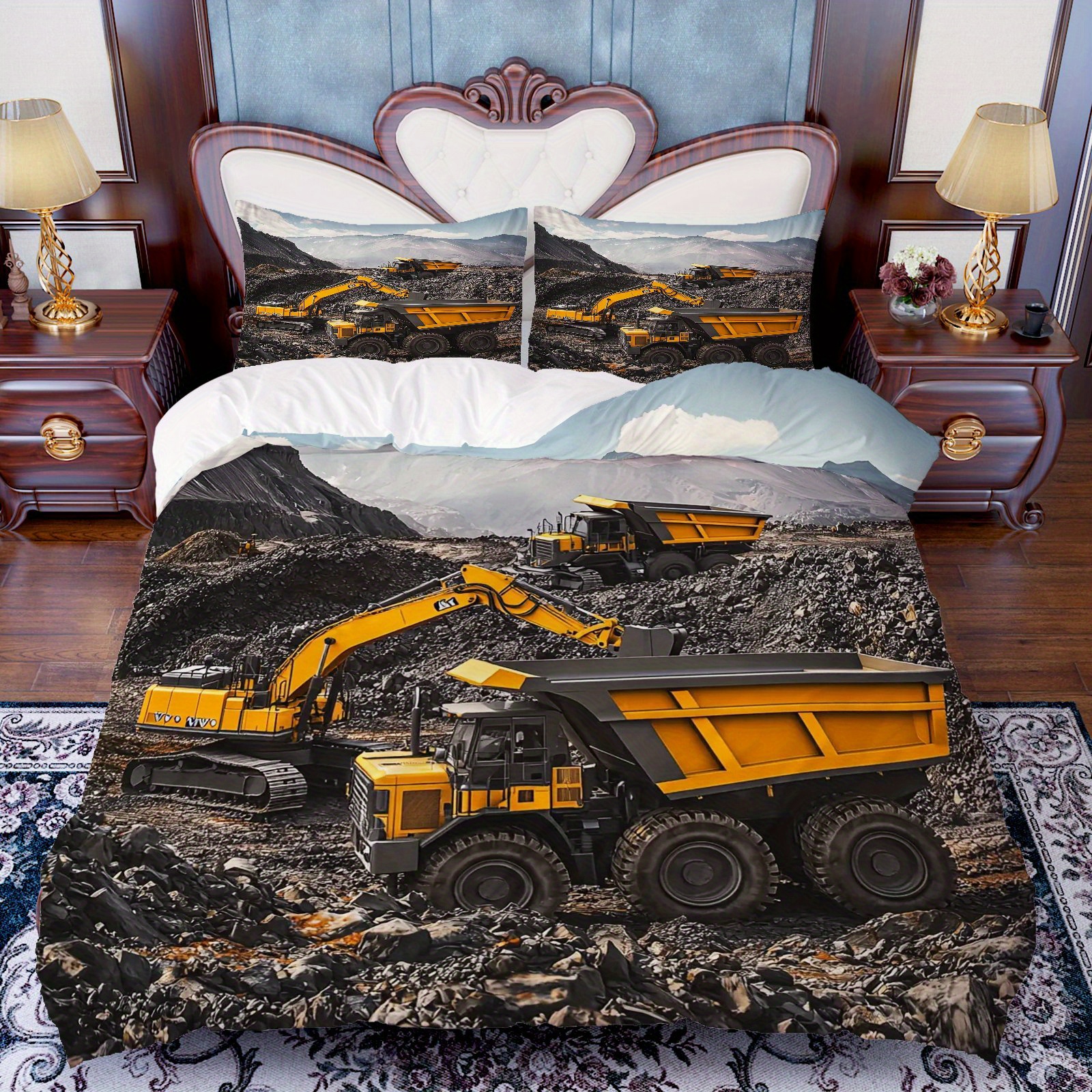 TEMU 3pcs Construction Machinery Duvet Cover Sets, 1 Duvet 2 Pillowcases, Without Duvet Core, Construction Machines Theme, Truck Excavator Bedding