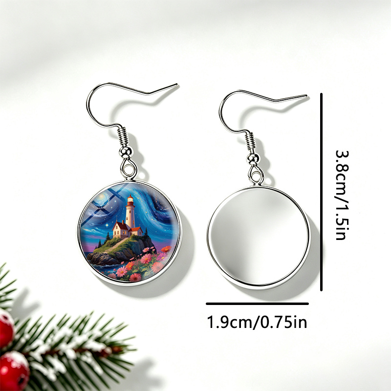 Starry Sky Lighthouse Island Flowers Round Glass Dangle Earrings