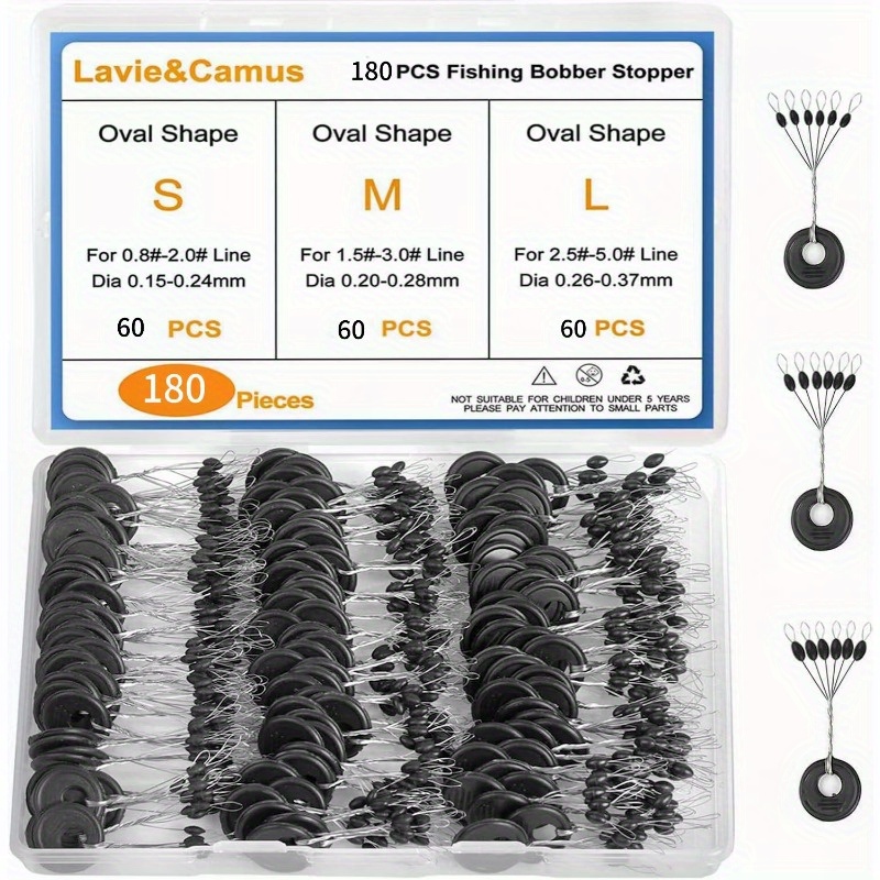 E-shop Lavie&Camus 180 Stück Schwarze Gummibobberstoppers - Ovaler Form, 6-in-1-Float-Stop-Kit für S, M, L-Größen, Ideal für 0.8-2.0mm