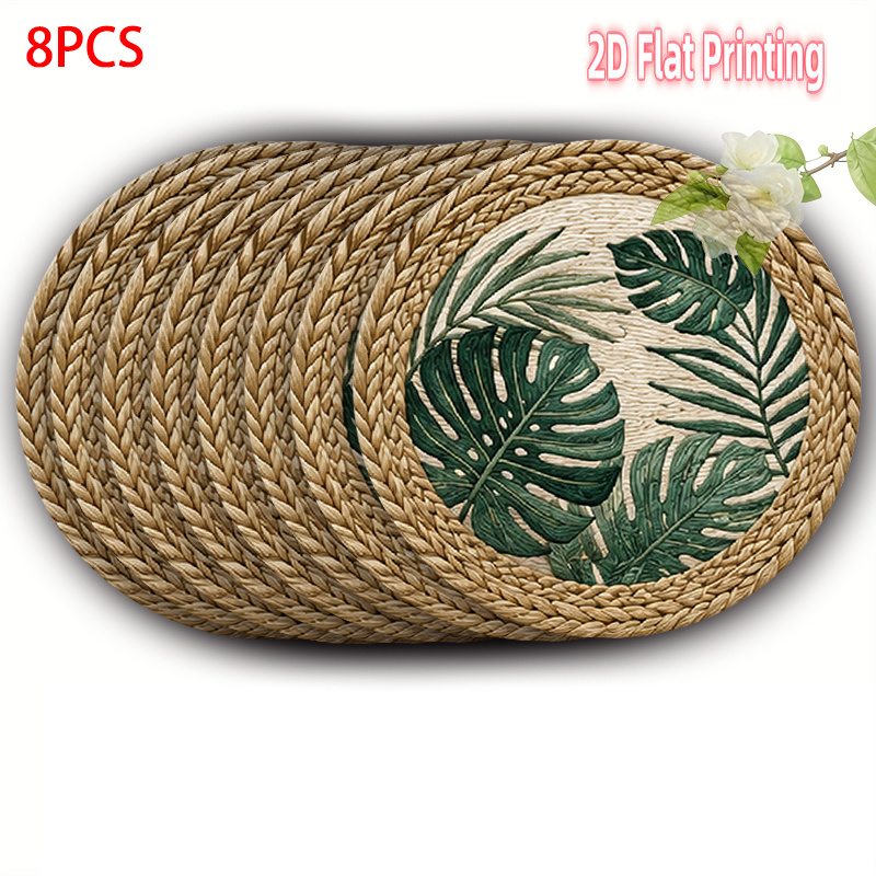 TEMU 2d Flat 4pcs/6pcs/8pcs Round Placemat, Tropical , Green, 15x15 Inches (38x38cm), 100% Polyester, Linen-look, Multi-scene Versatile, Washable,