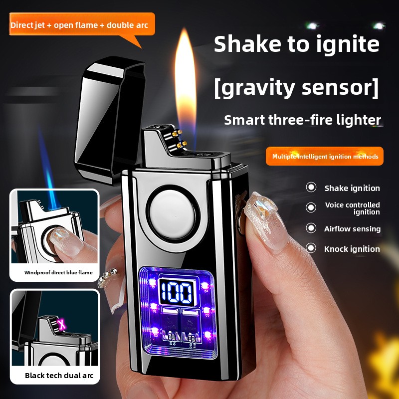 three flame windproof   flame lighter inflatable lighter with electric charge display voice controlled and   of shaking   direct fire double arc suitable for outdoor camping and daily use   gift   for men