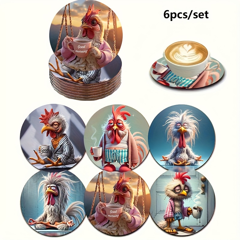 TEMU 6-pack "" Rooster Pattern Coasters | Non-slip Heat-resistant Wooden Drink Mats, Suitable For Coffee And Tea, Farmhouse Style Decoration, Rustic