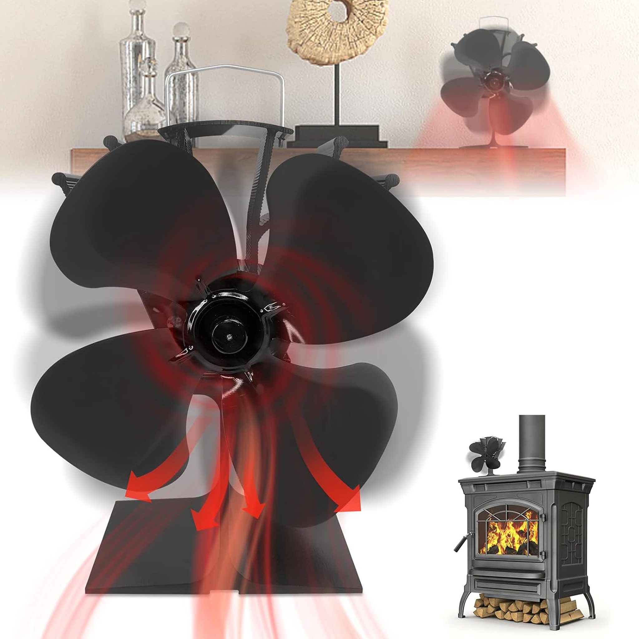 

4- Fan For Wood & Fireplace - Non-electric, Anodized Aluminum,