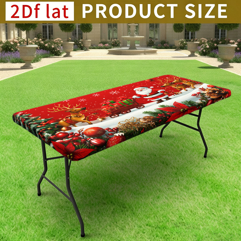 TEMU Nappe imprimée de Noël, 1 pièce, avec bordure à élastique, Père Noël, traîneau à cadeaux, , ornements et poinsettias sur fond , convient pour la