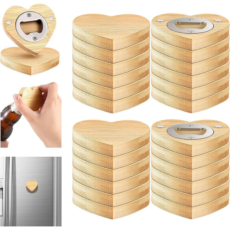 12pcs Magnetic Bottle Opener 6.35cm Heart-shaped Beer Openers Wooden Fridge Magnet Refrigerator Sticker Gift
