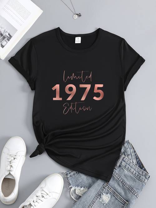 1pc 1975 printed t shirt casual crew neck polyester tee medium stretch knit fabric breathable comfortable short sleeve top for quick dry for outdoor activities daily wear